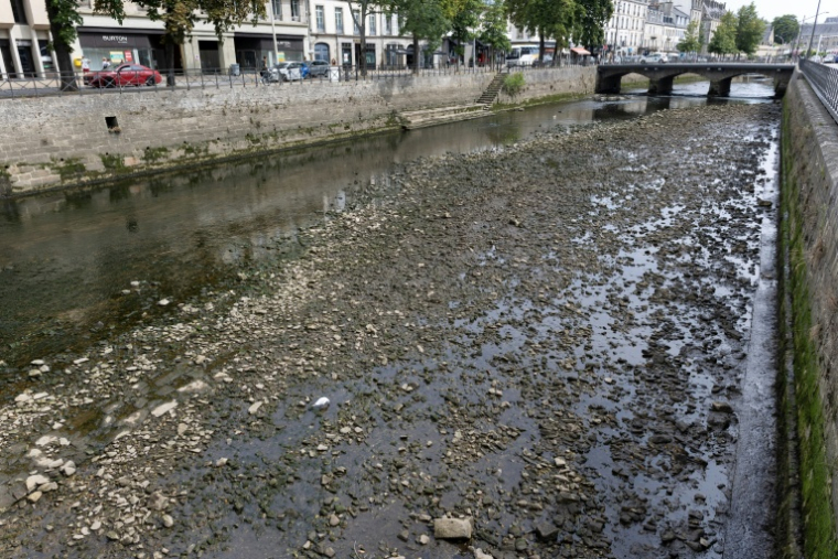 Le lit asséché de la rivière Odet à Quimper, dans le Finistère, le 31 juillet 2026 ( AFP / Fred TANNEAU )