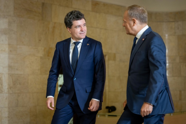 Le président élu roumain Nicusor Dan (à gauche) et le Premier ministre polonais Donald Tusk, le 25 mai 2025 à Varsovie, en Pologne ( AFP / Wojtek RADWANSKI )