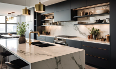 La pierre reconstituée, également appelée « quartz » ou « aggloméré de quartz », est devenue un matériau très prisé pour les plans de travail de cuisine. (crédit: Adobe Stock/photo générée par IA)