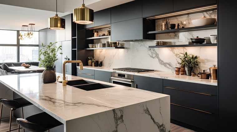 La pierre reconstitu&eacute;e, &eacute;galement appel&eacute;e &laquo; quartz &raquo; ou &laquo; agglom&eacute;r&eacute; de quartz &raquo;, est devenue un mat&eacute;riau tr&egrave;s pris&eacute; pour les plans de travail de cuisine. (cr&eacute;dit: Adobe Stock/photo g&eacute;n&eacute;r&eacute;e par IA)