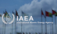 IAEA logo is displayed at its headquarters in Vienna