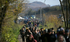 Des manifestants se dirigent vers un barrage routier lors d'une manifestation contre l'abattage d'un troupeau de 200 vaches, à la suite de la détection de la dermatose nodulaire contagieuse (DNC) aux Bordes-sur-Arize, le 11 décembre 2025 en Ariège ( AFP / Matthieu RONDEL )