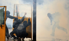 Des protestataires affrontent des membres de la Garde nationale argentine lors d'une manifestation contre le gouvernement du président argentin Javier Milei, à Buenos Aires, le 15 octobre 2026 ( AFP / Emiliano Lasalvia )