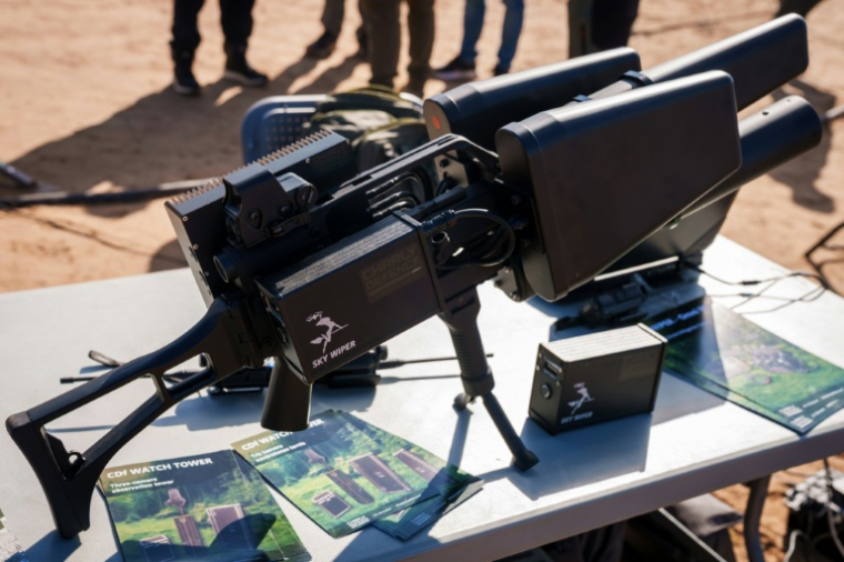 A Lithuanian SkyWiper anti drone weapon on display at anti-drone international military exercises hosted by Latvia in 2025 ( AFP / Gints Ivuskans )