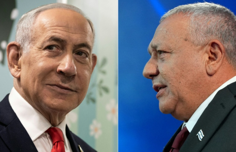 Combinaison d'images créée le 28 octobre 2026 avec à gauche le Premier ministre israélien Benjamin Netanyahu, à Jerusalem le 27 octobre 2026 et à droite le leader du parti Yashar, Gadi Eisenkot, à Tel Aviv le 28 octobre 2026 ( POOL / Jewel SAMAD )