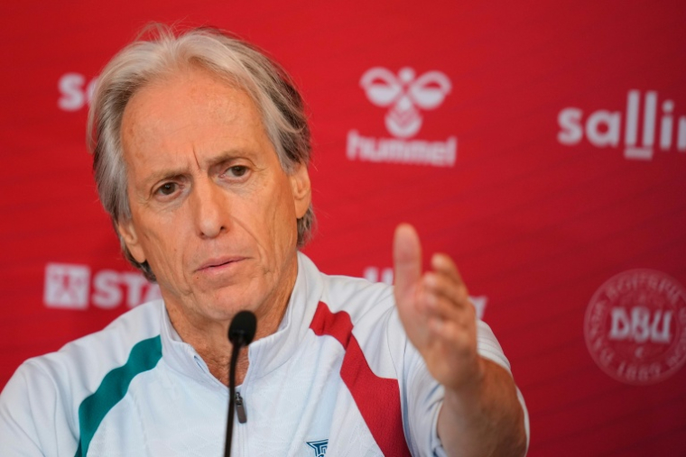 Le sélectionneur du Portugal Jorge Jesus, en conférence de presse, le 30 septembre 2026 à Helsingor au Danemark ( Ritzau Scanpix / Liselotte Sabroe )