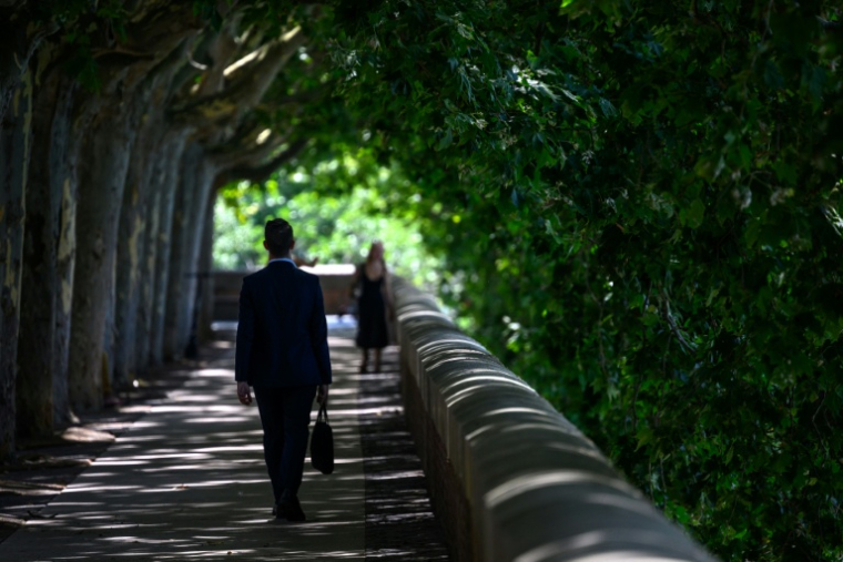 Des passants marchent à l'ombre des arbres le long de la Garonne à Toulouse lors d'un épisode de canicule le 24 juin 2026 ( AFP / Lionel BONAVENTURE )