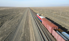 Un train de marchandises circule dans la steppe près de la gare de Dostyk, à la frontière kazakho-chinoise, le 19 novembre 2025 ( AFP / Ruslan PRYANIKOV )