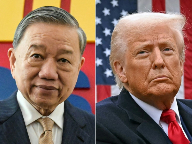 Montage photos du 4 avril 2025 montrant le secrétaire général du parti communiste To Lam (g) et le président américain Donald Trump ( AFP / BAY ISMOYO )