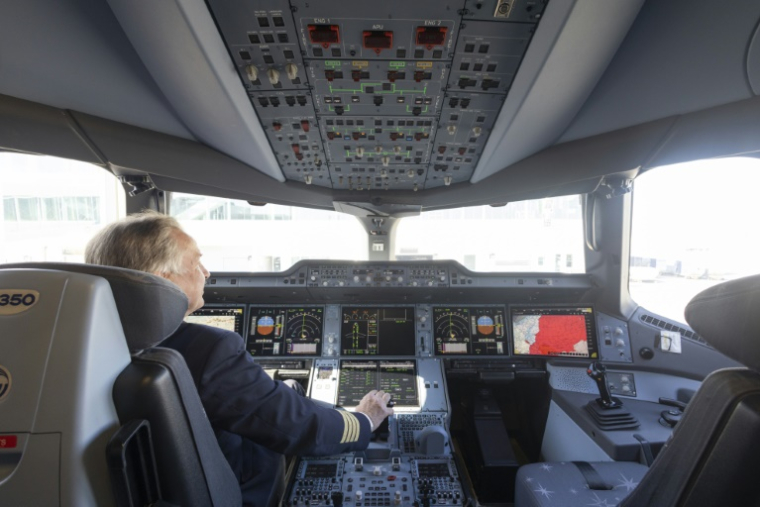 Un cockpit d'un avion Airbus A350, à Munich, le 19 mars 2025 ( AFP / Michaela STACHE )