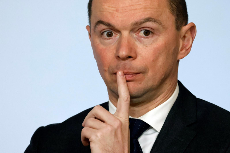 France's Labor Minister Olivier Dussopt was accused on February 3, 2023 of favoring French water company Saur Group, officials  said. The National Financial Prosecutor's Office accused Dussopt of favoring the French water treatment group in a fraudulent deal when he was mayor of Annonay from 2008 to 2017, according to French newspaper, Mediapart. (FILES) This file photo taken on January 23, 2023 shows French Labour Minister Olivier Dussopt in Paris. ( AFP / Ludovic MARIN )