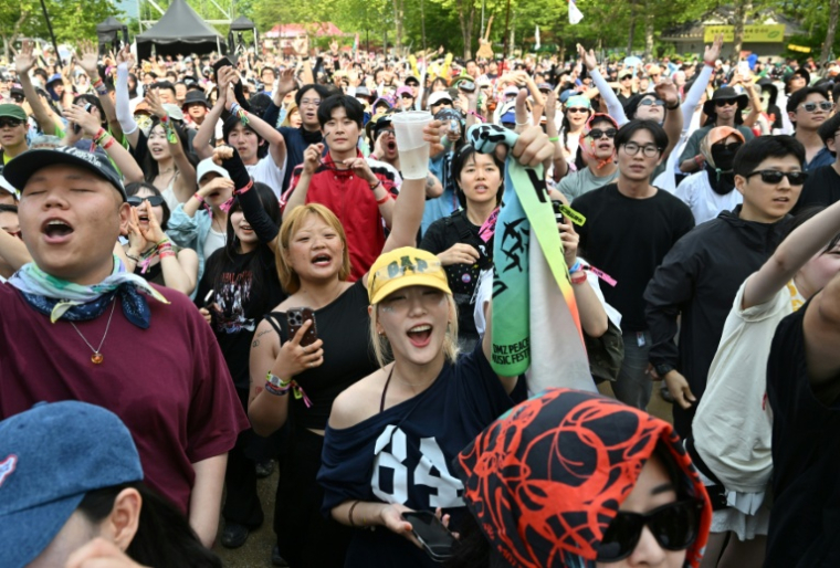 Des spectateurs dansent lors d'un concert du groupe de rock français "La Flemme" au DMZ Peace Train Festival à Cheorwon, le 14 juin 2026 en Corée du Sud, près de la frontière avec la Corée du Nord ( AFP / Jung Yeon-je )