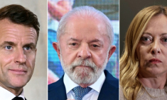 Ce montage de photos d'archives, montre le président Emmanuel Macron à Paris le 13 novembre 2025, le président Luiz Inácio Lula da Silva à Brasilia le 5 août 2025, et la Première ministre Giorgia Meloni lors d'une conférence à Johannesburg le 23 novembre 2025 ( AFP / Evaristo SA )