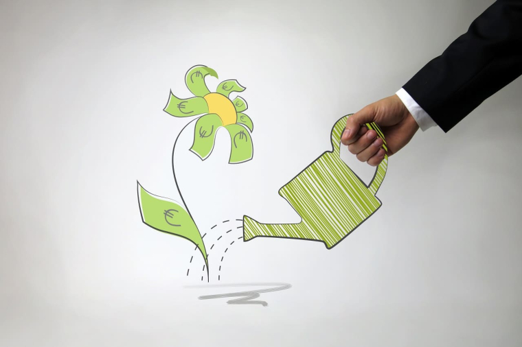 (Crédits photo : Adobe Stock - Homme arrosant une plante sur laquelle poussent des euros)