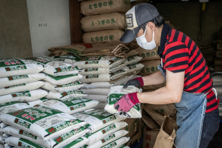 Un employé entrepose des sacs de riz dans un magasin à Tokyo, le 9 juillet 2025 ( AFP / Yuichi YAMAZAKI )