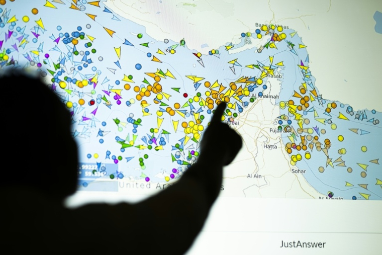 Un personne devant un écran affichant les mouvements des navires dans le détroit d'Ormuz sur un site web de suivi des navires, le 4 mai 2026 à Nicosie, à Chypre ( AFP / - )
