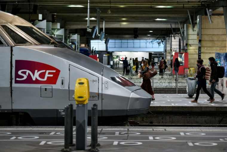 Un train à l'arrêt en gare Montparnasse à Paris, le 3 avril 2021 ( AFP / STEPHANE DE SAKUTIN )