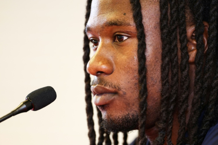 Le milieu de terrain des Bleus Eduardo Camavinga en conférence de presse à la veille de Belgique-France le 27 septembre 2025 au stade Roi-Baudouin à Bruxelles ( AFP / FRANCK FIFE )
