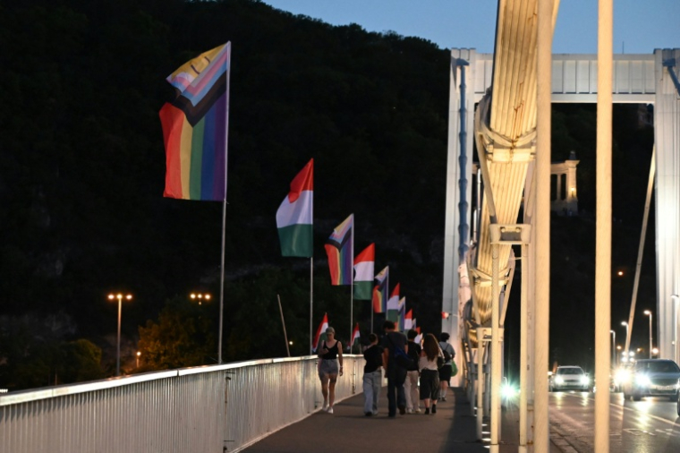 Des drapeaux arc-en-ciel "Progress Pride" sur le pont Erzsébet, à la veille de la Budapest Pride, le 26 juin 2026 en Hongrie ( AFP / Attila KISBENEDEK )