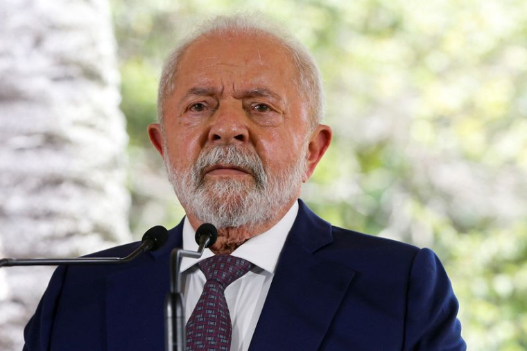 Le président brésilien Luiz Inacio Lula da Silva lors d'une conférence de presse, à Montevideo, Uruguay