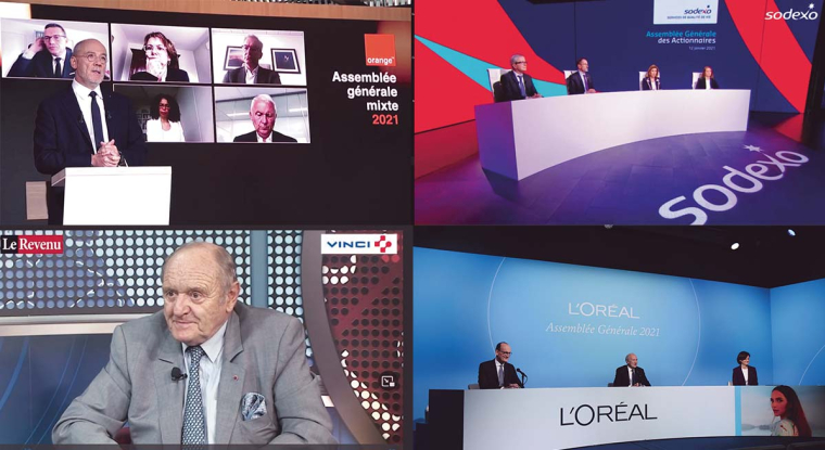 Les assemblées générales ont presque toutes eu lieu à huis clos, la plupart des entreprise ont maintenu le dialogue avec leurs actionnaires par le truchement de retransmissions numériques et d'émissions de télévision. (© Le Revenu/Orange/Sodexo/L'Oréal)
