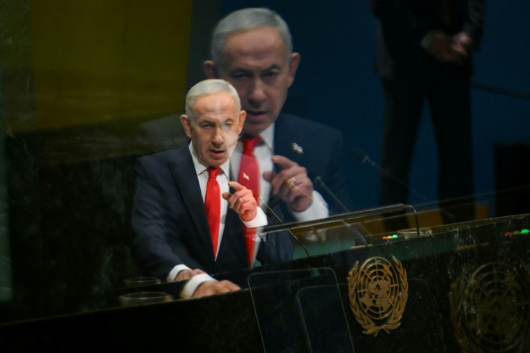 Le Premier ministre israélien Benjamin Netanyahu à la tribune de l'ONU, le 24 septembre 2026 à New York ( AFP / ANGELA WEISS )