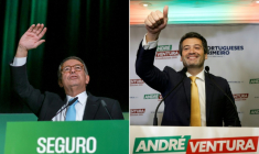 Combinaison de photos montrant le socialiste Antonio José Seguro (G) lors d'un meeting le 16 janvier 2026 à Lisbonne et André Ventura, le patron de la formation d'extrême droite Chega ("Assez"), le 18 janvier 2026 à Lisbonne ( AFP / Patricia DE MELO MOREIRA )