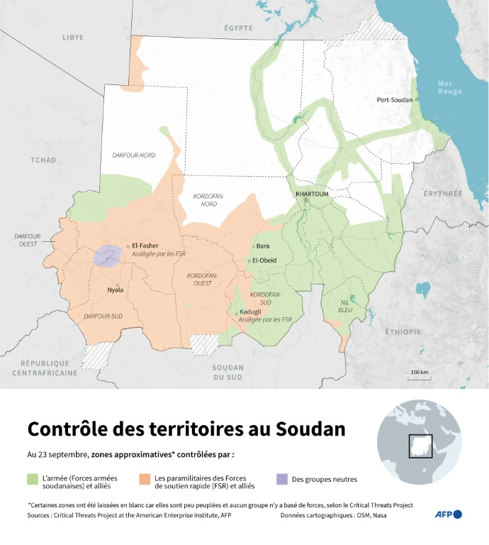 Carte du Soudan montrant les zones contrôlées par l'armée, les paramilitaires des Forces de soutien rapide (FSR) ou par des groupes neutres au 23 septembre, selon les données du Critical Threats Project at the American Enterprise Institute et de l'AFP ( AFP / Olivia BUGAULT )