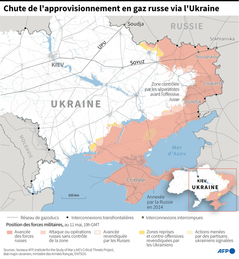Carte de l'Ukraine montrant la situation du conflit en Ukraine au 11 mai et mettant en évidence le réseau de gazoducs par lequel transite le gaz russe vers l'Europe occidentale et les installations clés de Sokhranivka, Novopskov et Soudja ( AFP / )