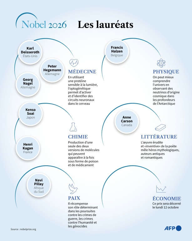 Infographie sur les lauréats 2026 des différents prix Nobel  ( AFP / Valentina BRESCHI )