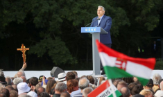 Le Premier ministre hongrois Viktor Orban lors d'un rassemblement pro-gouvernemental,  à Budapest
