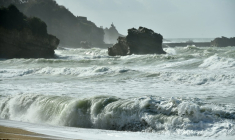 Une houle cyclonique, phénomène "atypique" en période estivale, a commencé à déferler mardi sur le littoral français avec "des vagues importantes de 4 à 5 mètres" de hauteur attendues selon Météo-France ( AFP / GAIZKA IROZ )