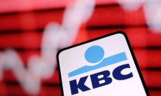 L'illustration montre le logo du groupe KBC et un graphique boursier à la hausse.