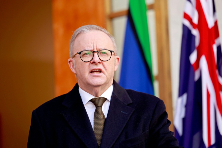 Le Premier ministre Anthony Albanese le 11 août 2025 lors de l'annonce de son intention de reconnaître l'Etat de Palestine ( AFP / Hilary Wardhaugh )