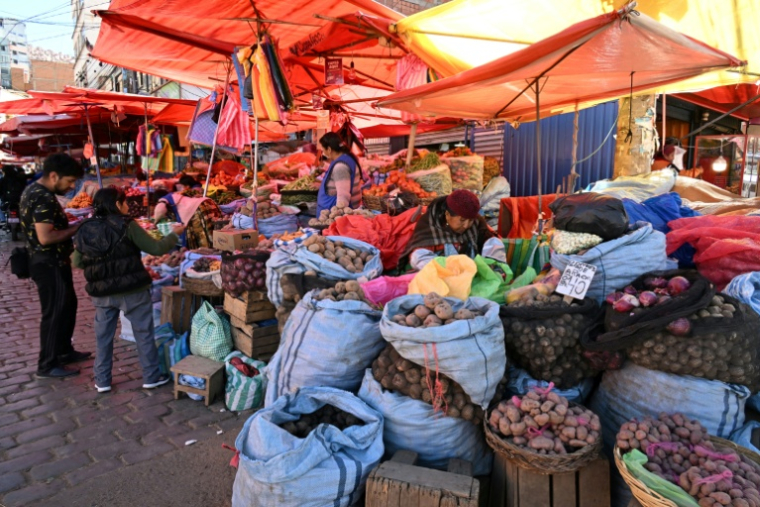 Des habitants sur un marché touché par les pénuries dues aux barrages routiers et aux manifestations contre le président Rodrigo Paz, le 19 mai 2026 à La Paz, en Bolivie ( AFP / Aizar RALDES )