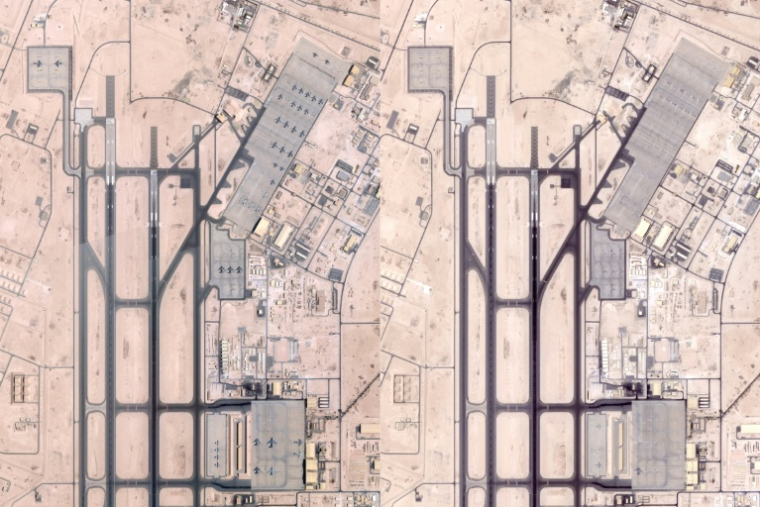 Des photos satellites diffusées par la société Planet Labs montrent le tarmac de la base militaire américaine d'Al-Udeid au Qatar le 5 juin 2025 (à gauche) et le 19 juin 2025 ( Planet Labs / Handout )