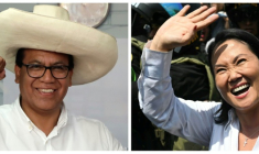 ((COMBO) Cette combinaison d’images créée le 16 avril 2026 montre le candidat à la présidentielle péruvienne Roberto Sanchez, du parti Juntos por el Perú, faisant un geste en votant à Lima le 12 avril 2026, lors de l’élection présidentielle, et la candidate à la présidentielle péruvienne du parti Fuerza Popular, Keiko Fujimori, saluant en quittant son bureau de vote à Lima le 12 avril 2026, lors de l’élection présidentielle ( AFP / STRINGER )