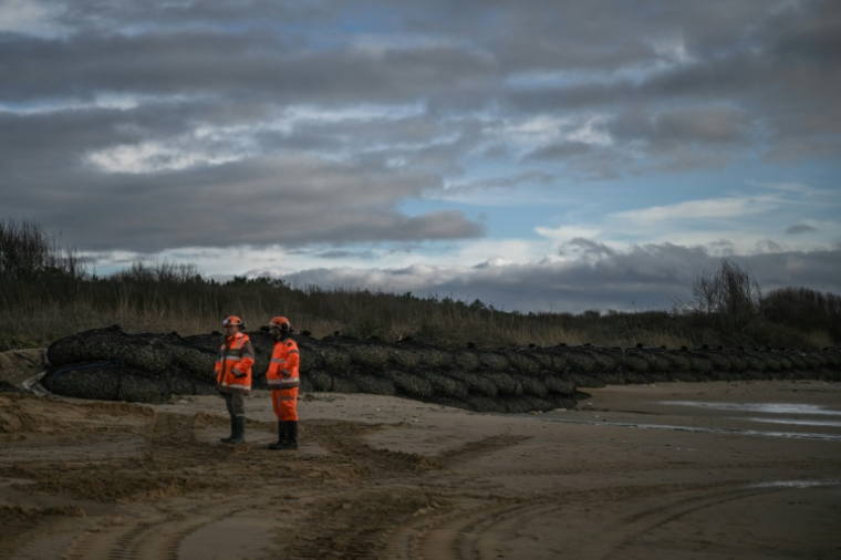 Des ouvriers entreprennent des travaux de consolidation sur l'île d'Oléron pour protéger des bassins d'infiltration face à l'érosion côtière, le 28 janvier 2026 à Le-Grand-Village-Plage, en Charente-Maritime ( AFP / Philippe LOPEZ )
