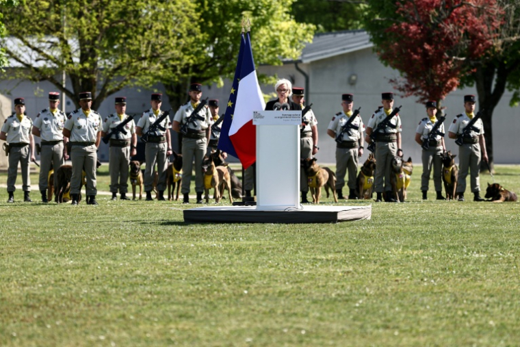 La ministre de la Défense Catherine Vautrin, lors de l'hommage national le 28 avril 2026 à Suippes (Marne) au sergent Anicet Girardin, mort à 31 ans des suites de ses blessures après une embuscade au Liban ( AFP / Sameer AL-DOUMY )