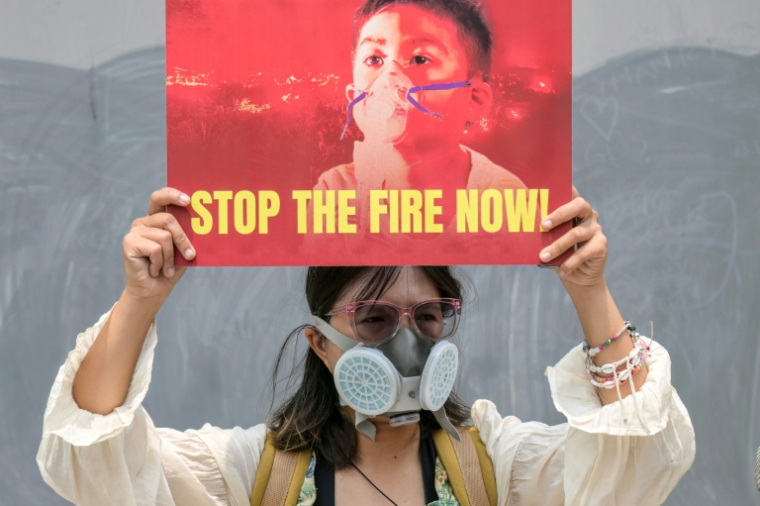 Manifestation le 22 octobre 2026 à Djakarta, devant l'ambassade de Chine, pour demander un audit des chaînes d'approvisionnement liées aux feux de forêt en Indonésie. ( AFP / BAY ISMOYO )