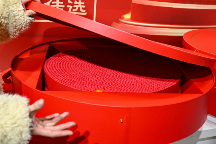 Une employée présente une boîte de  pétards dans une galerie de l'entreprise Zhongzhou Fireworks à Liuyang, dans la province du Hunan, le 21 janvier 2026 en Chine ( AFP / Adek BERRY )