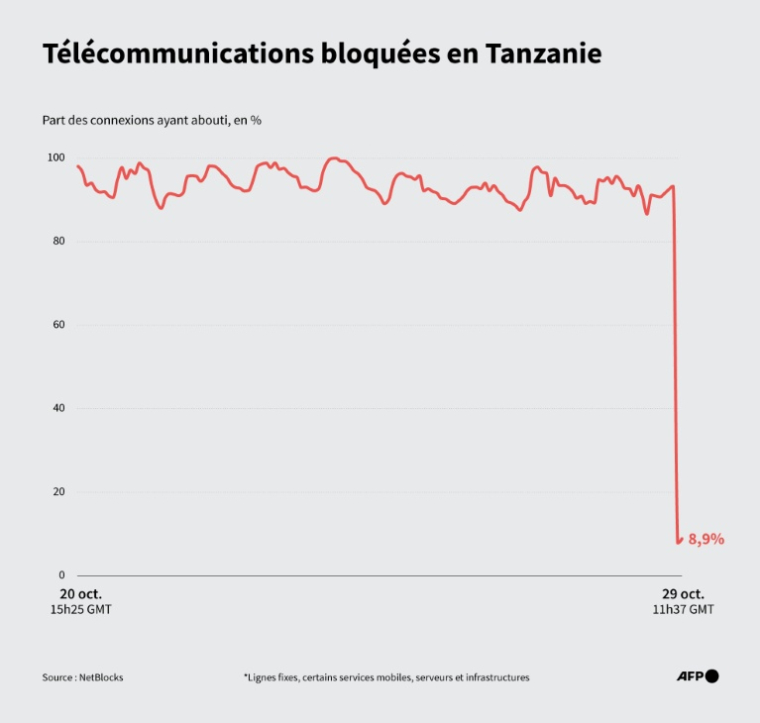 Niveau de connectivité en Tanzanie depuis le 20 octobre 2025, selon NetBlocks ( AFP / Sabrina BLANCHARD )
