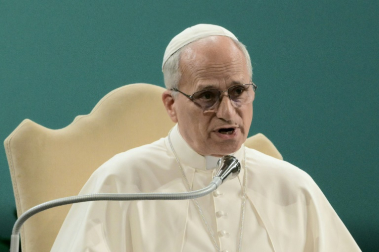 Pope Leo XIV attends the International Conference “Raising Hope for Climate Justice” on the occasion of the 10th Anniversary of the Encyclical Laudato Si’ at Mariapolis Center in Castel Gandolfo on October 01, 2025 ( AFP / Tiziana FABI )