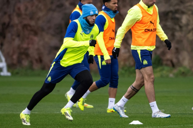 Les joueurs marseillais à l'entraîneent au centre de la Commanderie, le 27 janvier 2026, veille du match contre le FC Bruges  ( AFP / Miguel MEDINA )