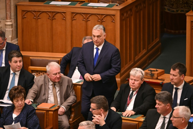 Le Premier ministre hongrois Viktor Orban, le 14 avril 2025 au Parlement ( AFP / Attila KISBENEDEK )