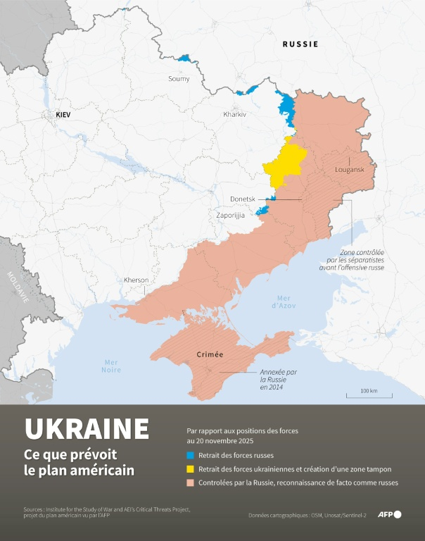 Carte des zones d'Ukraine qui seraient reconnues de facto comme russes ou conservées par l'Ukraine selon le projet du plan américain vu par l'AFP, par rapport aux positions des forces militaires, au 20 novembre 2025 ( AFP / Valentina BRESCHI )