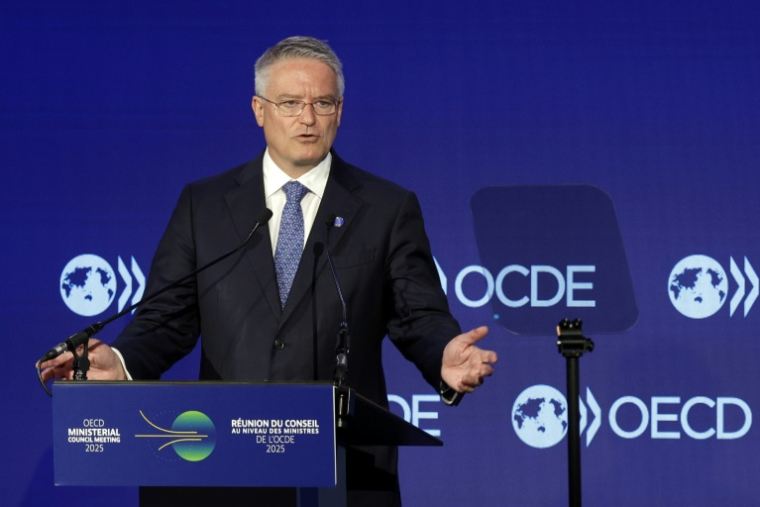 Le secrétaire général de l'OCDE Mathias Cormann s'exprime le 3 juin 2025 au siège de l'OCDE à Paris ( AFP / GEOFFROY VAN DER HASSELT )
