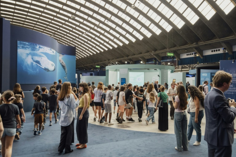 Des visiteurs de l'exposition "La baleine" à l'occasion de la Conférence des Nations Unies sur les océans (Onucs3) au Parc des expositions de Nice, le 2 juin 2025 ( AFP / Frederic DIDES )