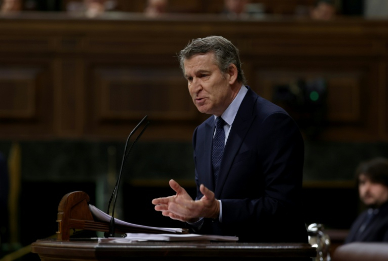Le chef du Parti populaire (droite), principal parti d'oppostion, Alberto Núñez Feijóo, le 11 février 2026 à Madrid ( AFP / Pierre-Philippe MARCOU )