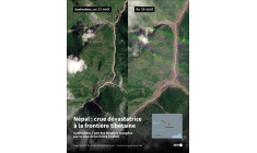 Images satellite du village de Syabrubesi proche du Tibet, en grande partie ravagé par la crue de la rivière Trishuli au cours d'inondations meurtrières dans cette région du Népal, avant la crue le 23 août et après la crue le 26 août ( AFP / Valentin RAKOVSKY )